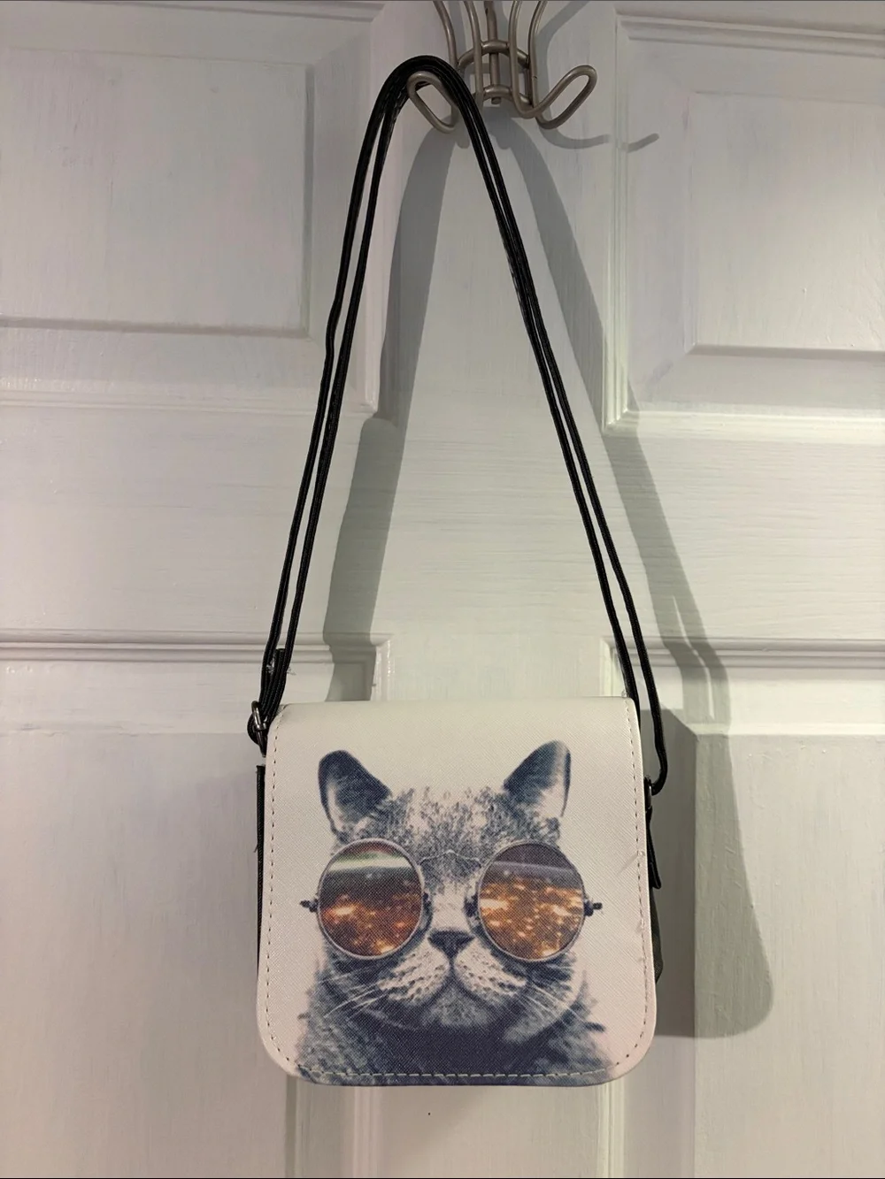 Cat Print Crossbody Bag in White with Black Strap